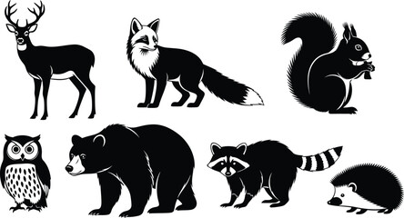 Collection of woodland animals in silhouette, including deer, fox, bear and owl