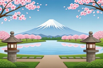Serene japanese garden with mount fuji and cherry blossoms