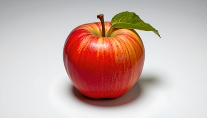 Obraz premium Glossy Red Apple with Leaf White Background