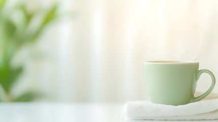 Fototapeta premium Steaming cup of coffee on a cozy white towel by the window