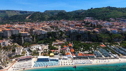 Aerial view of Tropea, a charming town perched on a cliff overlooking the Tyrrhenian Sea in...