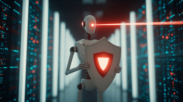 Robot Guardian with Red Security Shield in Data Center