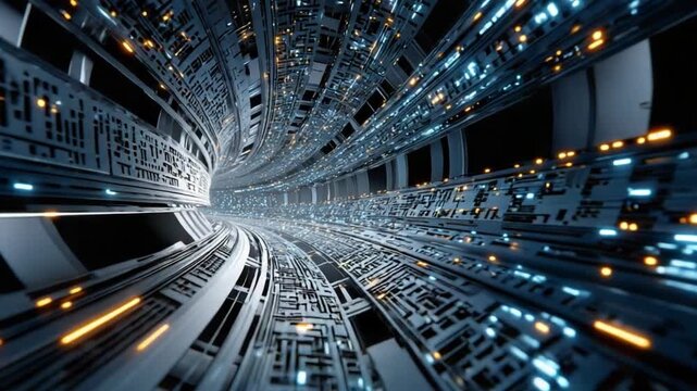 Digital Tunnel: A futuristic digital tunnel, composed of glowing lines and intricate circuitry, stretches into the distance, evoking a sense of speed, technology, and boundless possibility. 