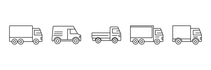 Cargo transport delivery truck trailer logistic commercial van shipping freight vehicle carrier outline icon vector illustration pack.