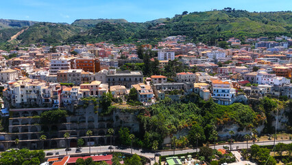 Aerial view of Tropea, a charming town perched on a cliff overlooking the Tyrrhenian Sea in...