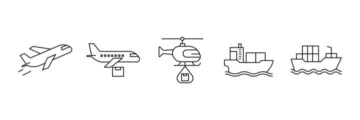 Air sea helicopter airplane shipping cargo delivery transport freight logistics export import nautical aviation outline icon vector illustration.