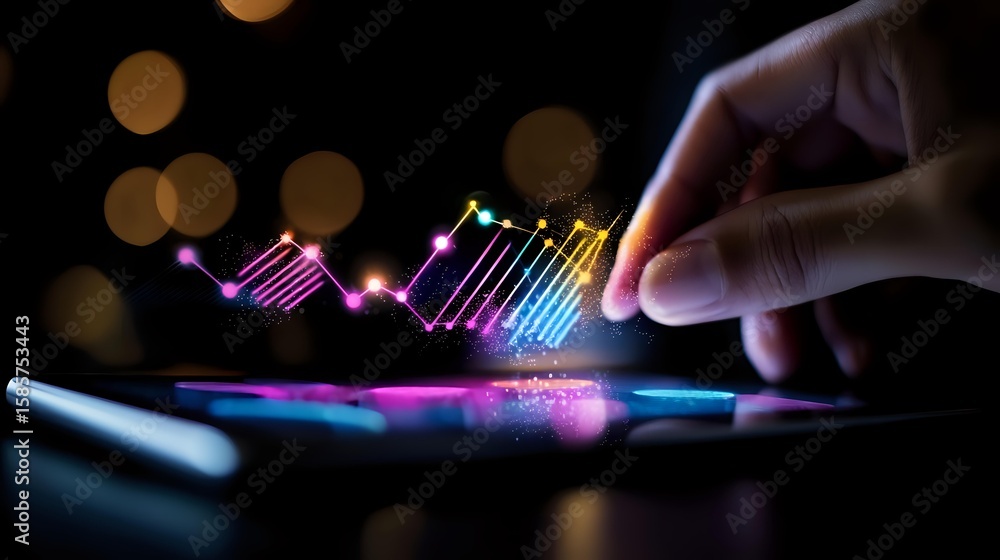 Poster financial data visualization on digital tablet screen with glowing charts and graphs in dark environ