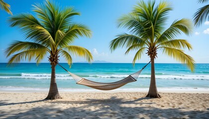 Serene Beach Scene with Hammock Between Palm Trees Overlooking Tranquil Ocean &mdash; Gentle Waves, Clear Blue Sky, Peaceful Coastal Escape, and Tropical Relaxation

