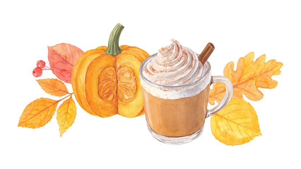 Autumnal Pumpkin Spice Latte with Fall Leaves and Pumpkin