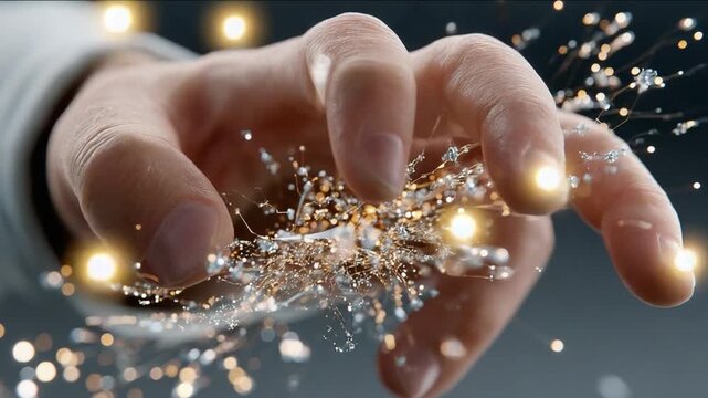 Illuminating Connection: A person's hand delicately grasps a stream of glowing particles, symbolizing the dawn of a new era, a concept captured through masterful digital artistry.