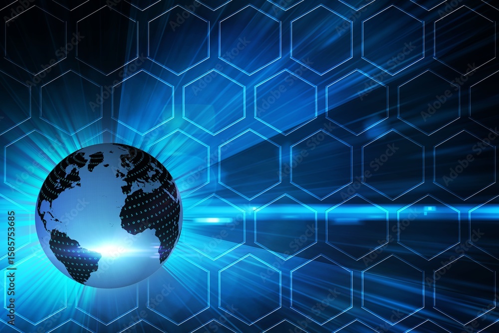 Poster stylized earth globe shining in vector with binary hexgrid overlay radial beams horizontal streaks
