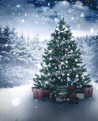 Fototapeta premium Christmas tree in snowy forest