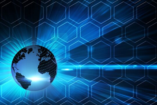 Naklejki Stylized Earth globe shining in vector with binary hexgrid overlay radial beams horizontal streaks