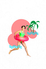 Creative trend design 3D collage sketch of summer pool accessories float ring young lady run smile...