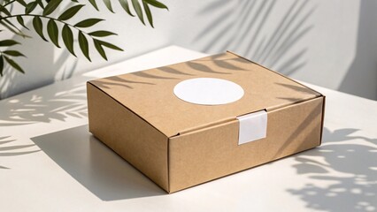 Kraft cardboard box mockup with blank round sticker and tape on white table with plant shadows for branding packaging design