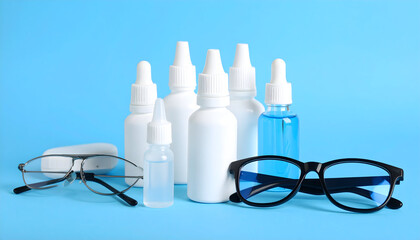 Eye Care Products: White Bottles of Eye Drops and Eyeglasses on Blue Background