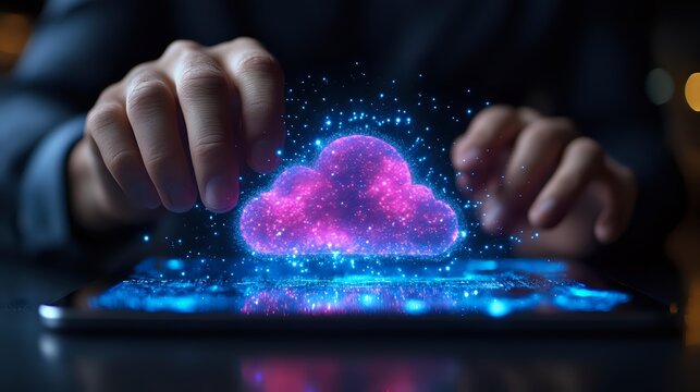 Glowing purple cloud hologram floating above digital tablet with hands interacting, representing cloud computing and data storage technology.