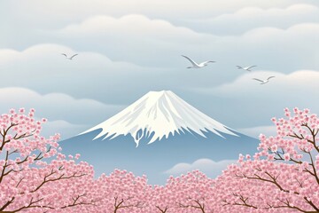 Majestic mount fuji under a cloudy sky with blooming cherry blossoms