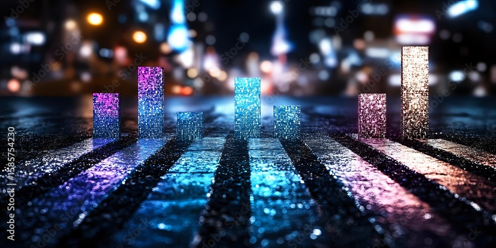 Poster glowing neon bar graph on wet asphalt reflects city lights at night, creating futuristic urban data 