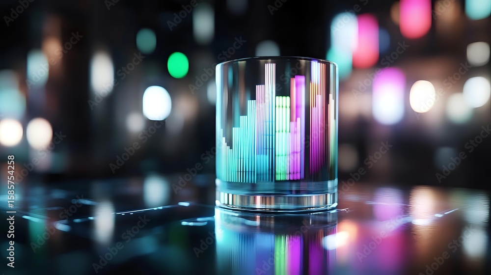 Poster glowing neon equalizer bars in glass with vibrant blue and purple reflections on dark background wit