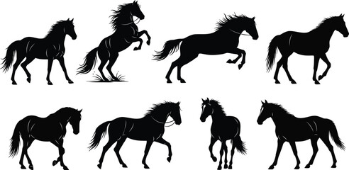 Black horse silhouettes in various dynamic poses offer a vector art design.
