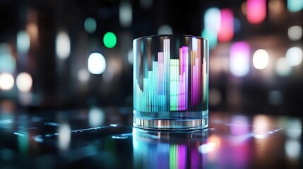 Glowing neon equalizer bars in glass with vibrant blue and purple reflections on dark background with bokeh lights, creating futuristic music visualization effect.