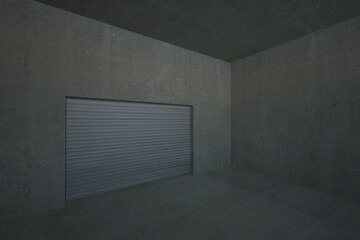 Fototapeta premium Concrete chamber is showing closed metal roll-up shutter door and smooth grey walls in flat design