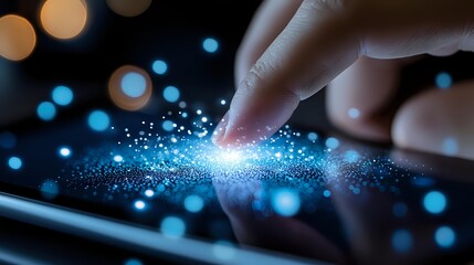 Finger touching digital tablet screen creating magical blue light effect with glowing particles and bokeh lights on dark background. For technology concepts.