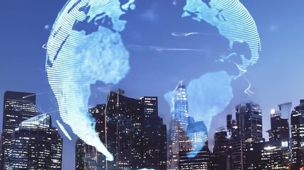 Digital globe over cityscape at night - Powered by Adobe