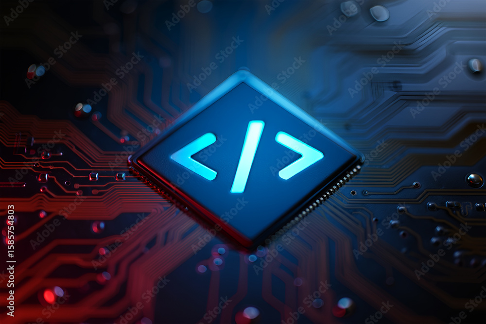 Poster glowing code symbol on circuit board technology digital
