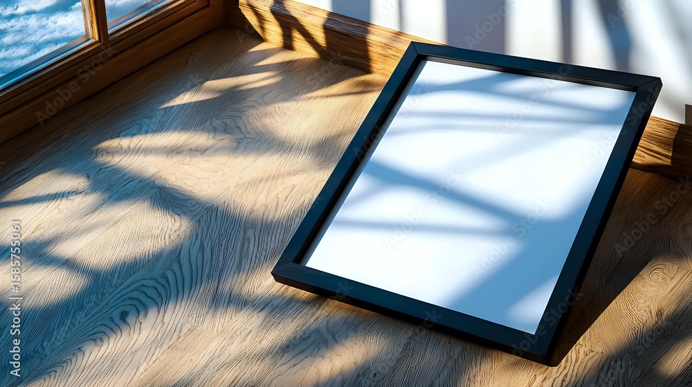 Poster digital tablet with blank white screen lying on wooden surface with dramatic natural sunlight and tr