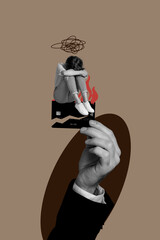 Creative vertical art collage of upset businesswoman sit crack credit card fire deadline bankruptcy...
