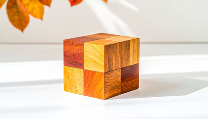 Solid wooden cube in warm fall colors centered in a minimalist white space
