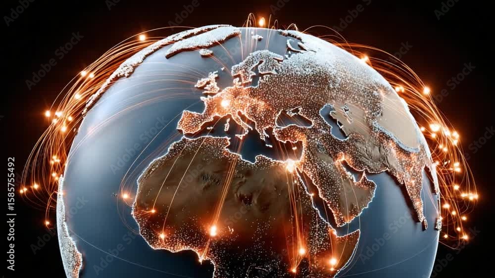 Poster global connectivity: a captivating visualization of the earth, overlaid with radiant lines symbolizi