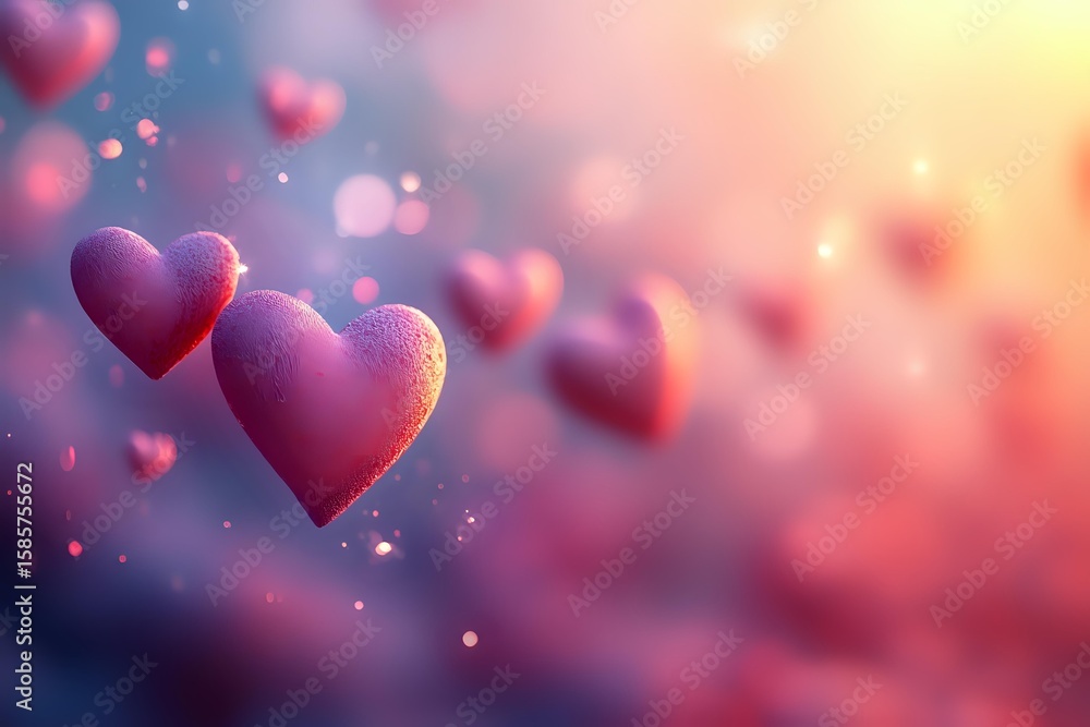 Poster pink and purple hearts floating in dreamy bokeh background with glowing particles and soft focus eff