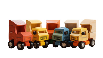 A set of colorful wooden toys in_the form of trucks