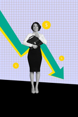 Banner 3d poster image photo collage of inexperienced businesswoman businessman stand arrow decline...