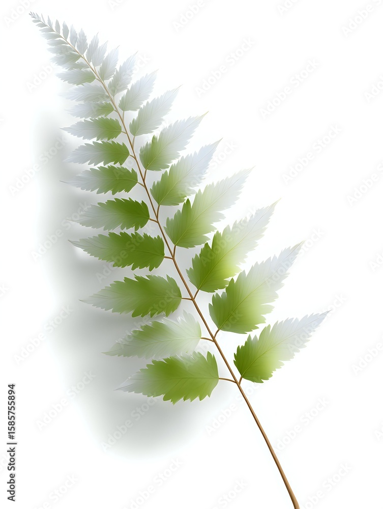 Poster delicate green fern branch with serrated leaves isolated on white background, soft gradient effect c