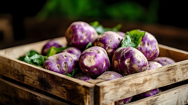 Fresh purple and white kohlrabi bulbs with green leaves in rustic wooden box, dark moody background with selective focus, farm fresh organic produce.