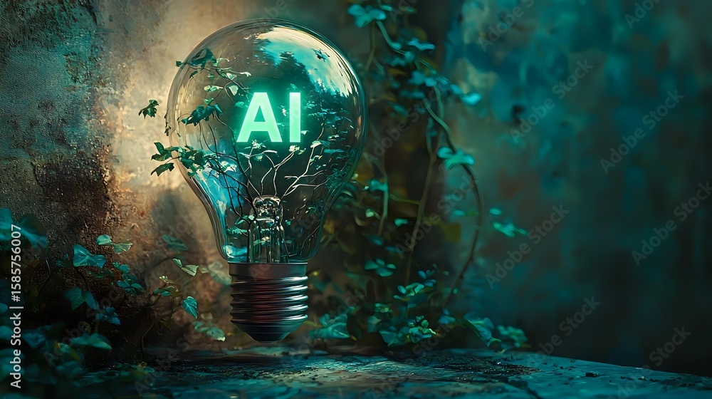 Aufkleber glowing light bulb with ai text and growing plant inside on dark teal background with mystical atmos