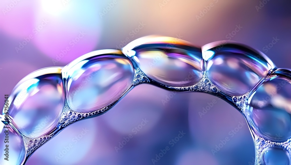 Aufkleber macro shot of soap bubbles forming delicate chain pattern with purple and blue bokeh background, sho
