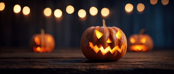 Fototapeta premium The glowing jack-o-lantern surrounded by warm autumn lights at night.