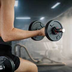 Close-up of fit woman lifting dumbbells in gym, cropped fitness body with blurred background –...