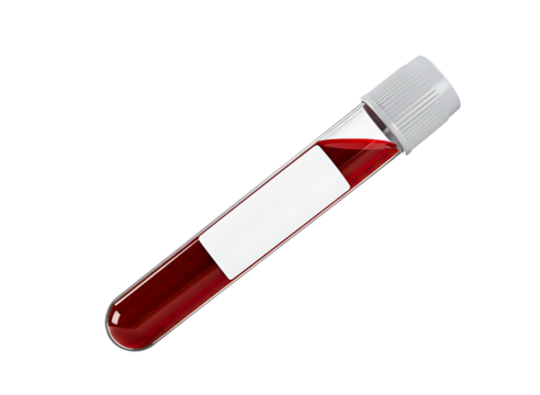 Red medical specimen tube with blood sample isolated on transparent background