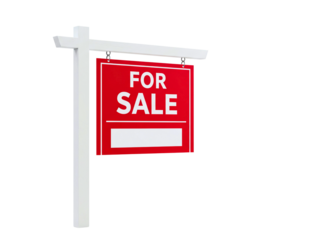 Red and white real estate for sale sign on a black pole isolated on transparent background