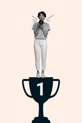 Vertical pop poster banner collage of happy businesswoman proclaim megaphone stand goblet reward...