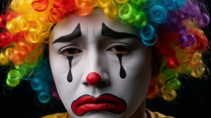 Sad mime in rainbow wig evokes silent grief, suitable for dramatic themes, mental health concepts, and expressive visual content creation. - Powered by Adobe