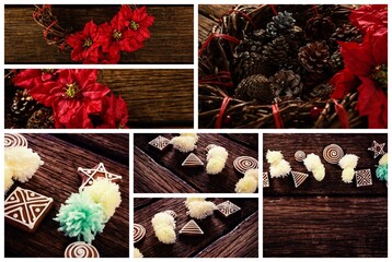 Red flowers and pine cone with Christmas candy