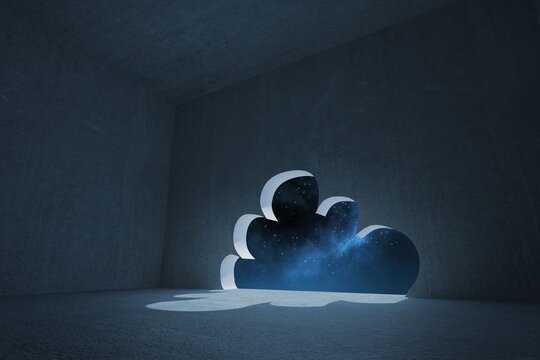 Naklejki Flat design is showing cloud portal in concrete chamber revealing blue nebula and glowing floor