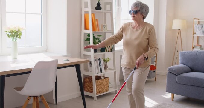 Senior blind woman with cane walking at home, unable to see because of age, injury, disease, congenital condition, sightless old lady alone with vision problems, lacking sense of sight, blindness 